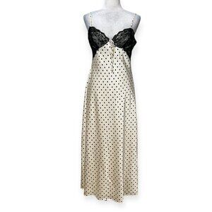 Thirty Thirty LA XL Polka Dot Satin Slip Dress Lace Trim Vintage Style Maxi
